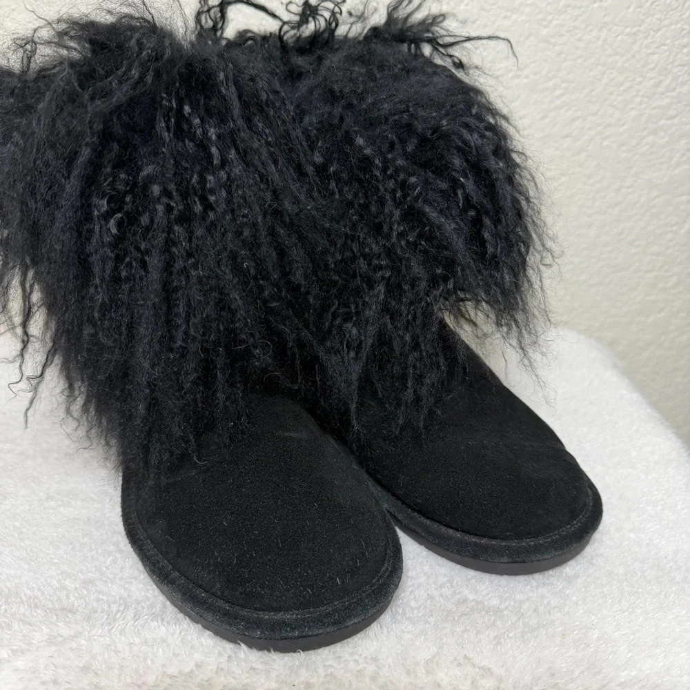 Bearpaw Boo Bootie Winter Boot Fuzzy Lamb Fur Cuff Suede Black Size 9